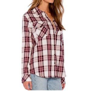Sanctuary Boyfriend For Life Flannel Shirt Plaid Long Sleeve Button Down Red